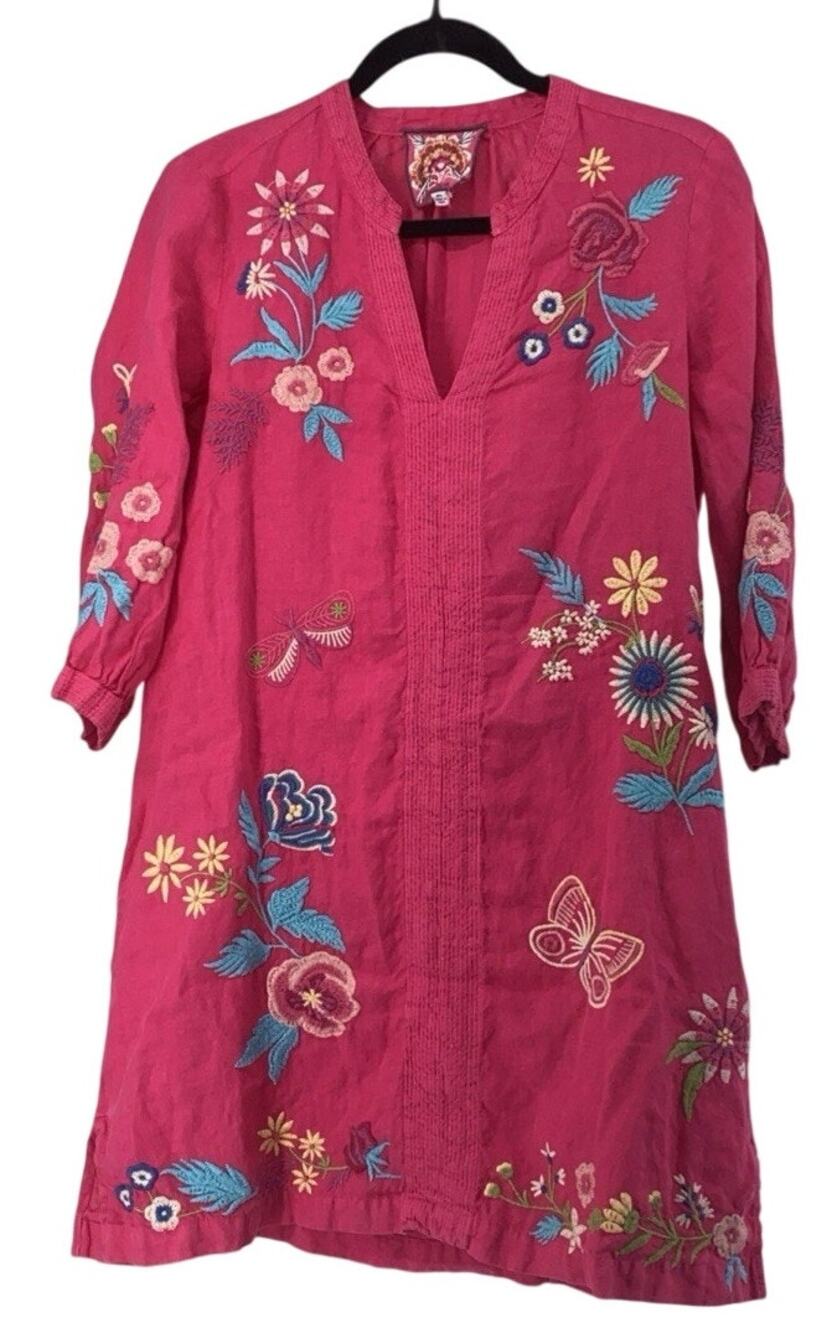Johnny Was JWLA Arla Embroidered Linen Bishop Sleeve Dress Women Sz XS Pink Boho